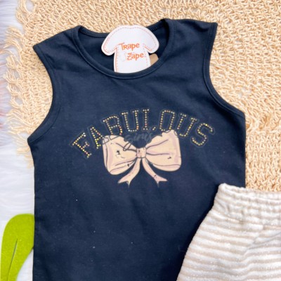 Conj. Regata Fabulous e Short Saia Listrado - Preto e Areia